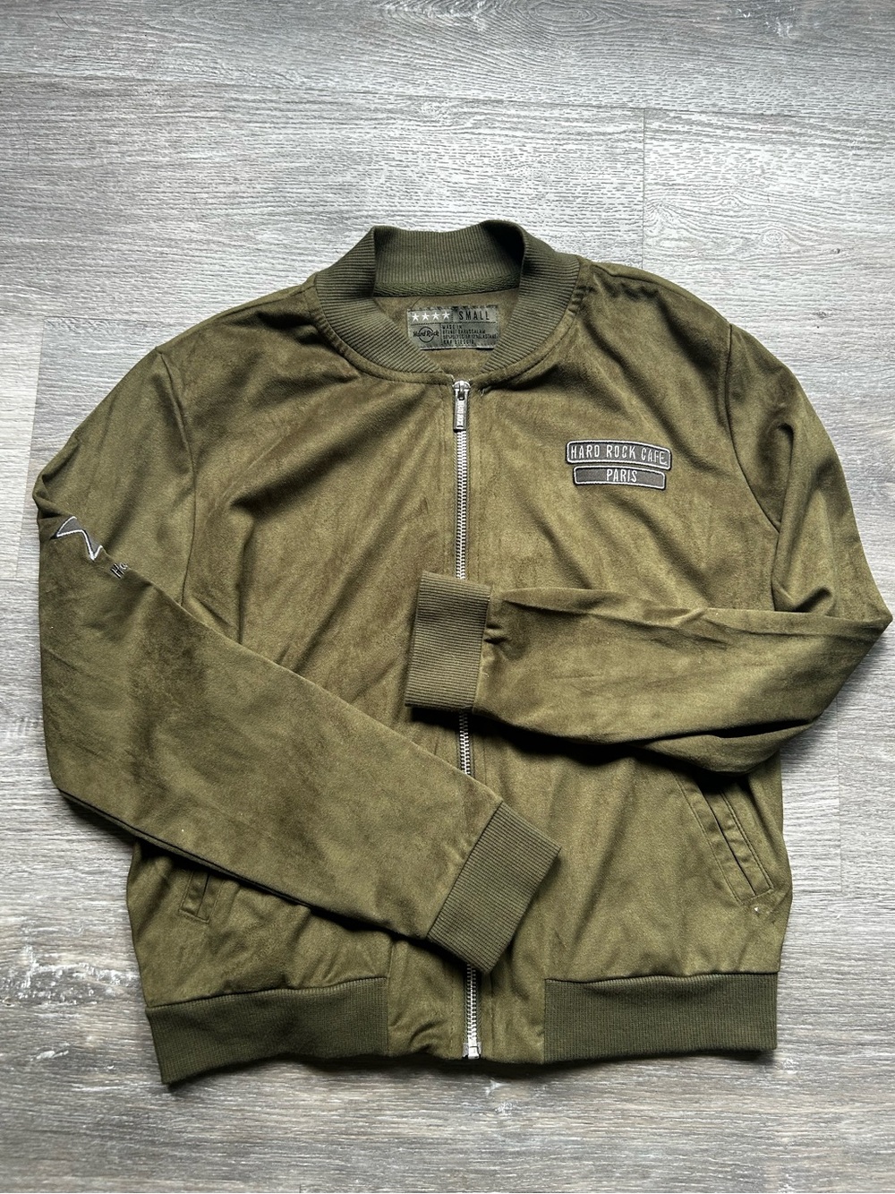 Hard Rock Cafe Paris (now closed) Olive Green Suede Bomber Jacket Size Small